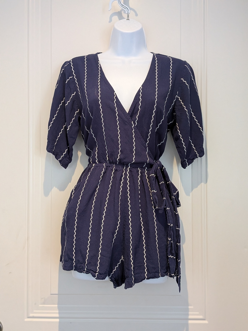 BEACHGOLD Navy Wrap Romper with White Zigzag Stripes